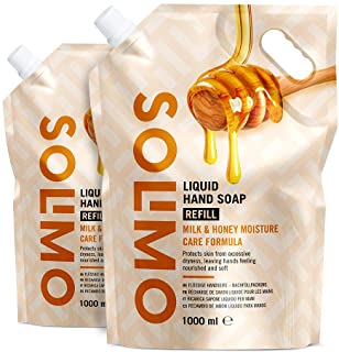 Marchio Amazon - Solimo Ricarica per sapone liquido per mani. Formula idratante al latte e al miele-Confezione da 2 (2 ricariche