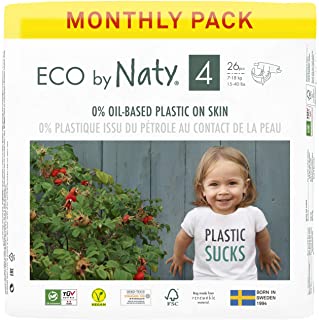 Eco by Naty, Taglia 4, 156 pannolini, 7-18kg, fornitura di UN MESE, Pannolino eco premium a base vegetale con lo 0% di plastica