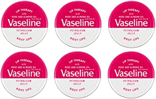 Vaseline Lip Therapy, Petroleum Jelly, Rosy Lips, terapia per labbra alla vaselina con rosa e olio di mandorla, 6 lattine da 20g