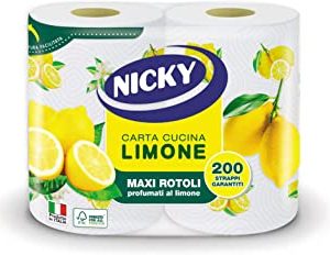 Nicky Limone Carta Cucina | Confezione da 2 Rotoli a 2 veli | 100 fogli per rotolo | Grande Assorbenza, Spesso e Resistente | Pr