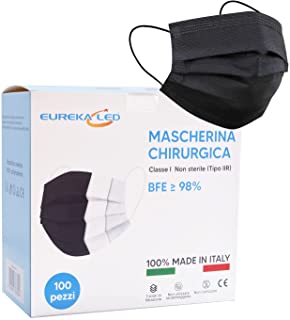 Eurekaled 100pz Mascherine Chirurgiche italiane Nere Monouso - Made in Italy - Tipo II BFE 98% Certificate - Morbide e traspiran