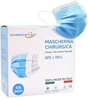 Eurekaled 100pz Mascherine Chirurgiche italiane Monouso azzurre - Made in Italy - Tipo IIR BFE 98% Certificate - Morbide e traspiranti