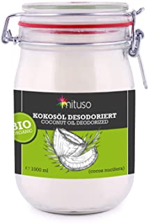 olio di cocco biologico mituso, insapore (deodorato), 1 confezione (1 x 1000 ml) in un bicchiere a clip