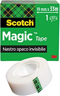 Scotch Magic Tape Nastro Adesivo Trasparente, 1 Rotolo 19 mm x 33 m, Nastro Trasparente Opaco e Scrivibile Ottimo per Casa, Uffi