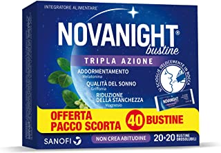 Novanight Bustine Tripla Azione Integratore Alimentare con Melatonina, Griffonia e Magnesio, 20 + 20 Bustine Orosolubili