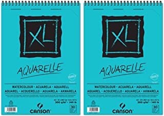Canson XL Aquarelle - Set di 2 album di carta per acquarello, con spirale sul lato corto, 30 fogli, grana fine, 300 g, formato A4, colore: bianco