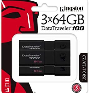 Kingston DataTraveler 100 G3-DT100G3/64GB-3P, USB 3.0, PenDrive, 64 GB, 3 Pezzi, Nero