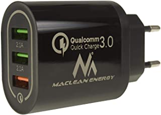 Maclean MCE479 Caricatore a Muro USB 3xUSB Universale Adattatore di Ricarica Rapida QC 3.0 3.6-6V/3A 6-9V/2A 9-12V/1.5 2X 5V/2.1A (Nero)