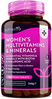Multivitaminico e Multiminerale Donna - 24 vitamine e minerali attivi essenziali tra cui biotina e acido ialuronico - 180 compresse vegane - Senza rie